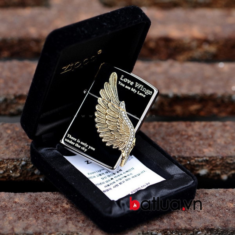 Bật lửa Zippo chính hãng Cupid Wings màu xám đen