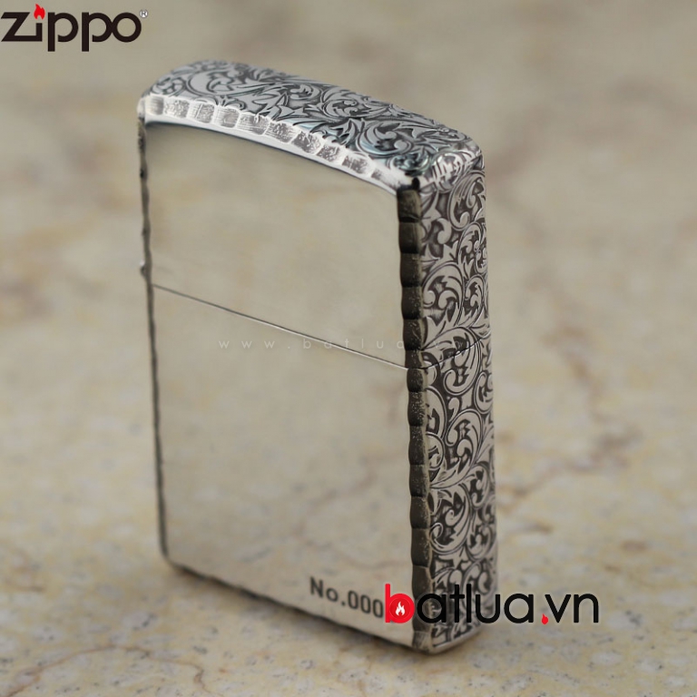Bật lửa Zippo chính hãng mạ bạc khắc hoa văn xung quanh