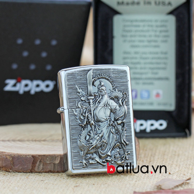 Bật lửa Zippo bạc khắc nổi hình quang công cưỡi rồng