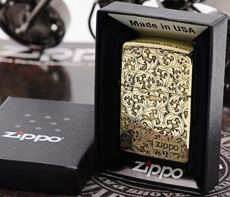 Zippo Chính Hãng Đồng Bóng Khắc Họa Tiêt Hoa Văn Ý