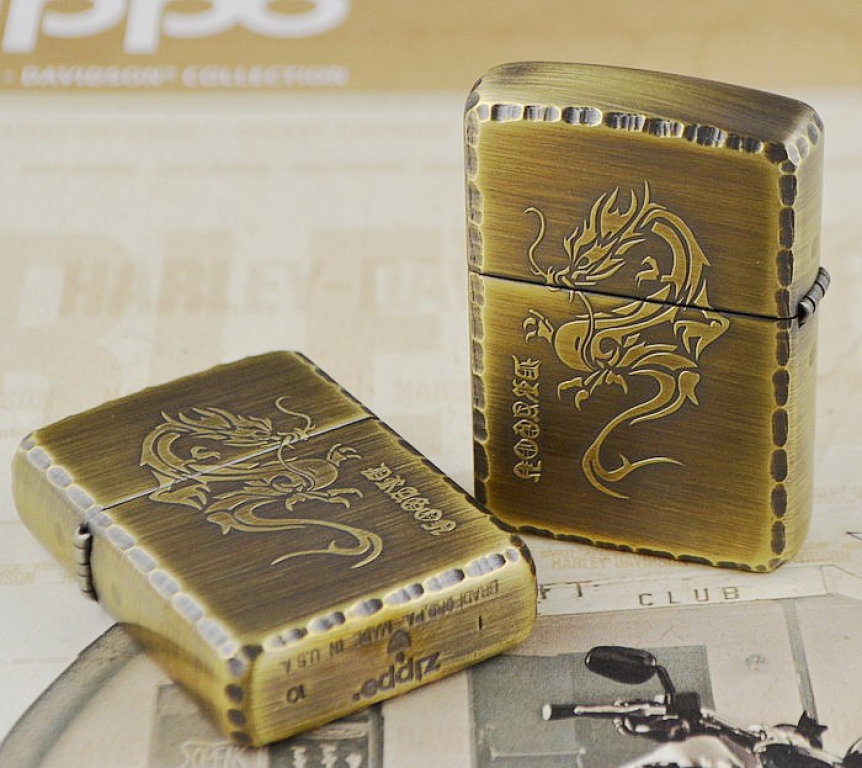 Zippo Chính Hãng Đồng Xanh Nguyên Khối Khắc Rồng