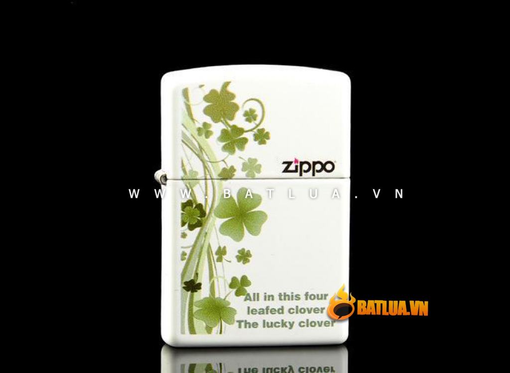 Bật lửa Zippo chính hãng 214 màu sơn trắng in hình cỏ 4 lá