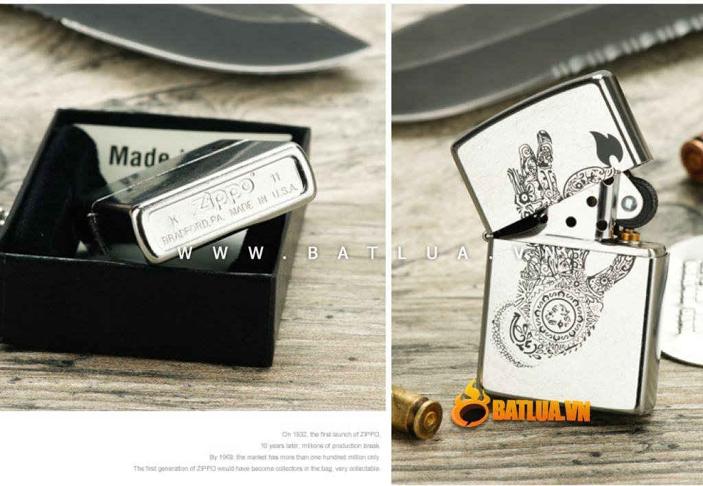 Bật lửa Zippo chính hãng hoa cách điệu hình bàn tay