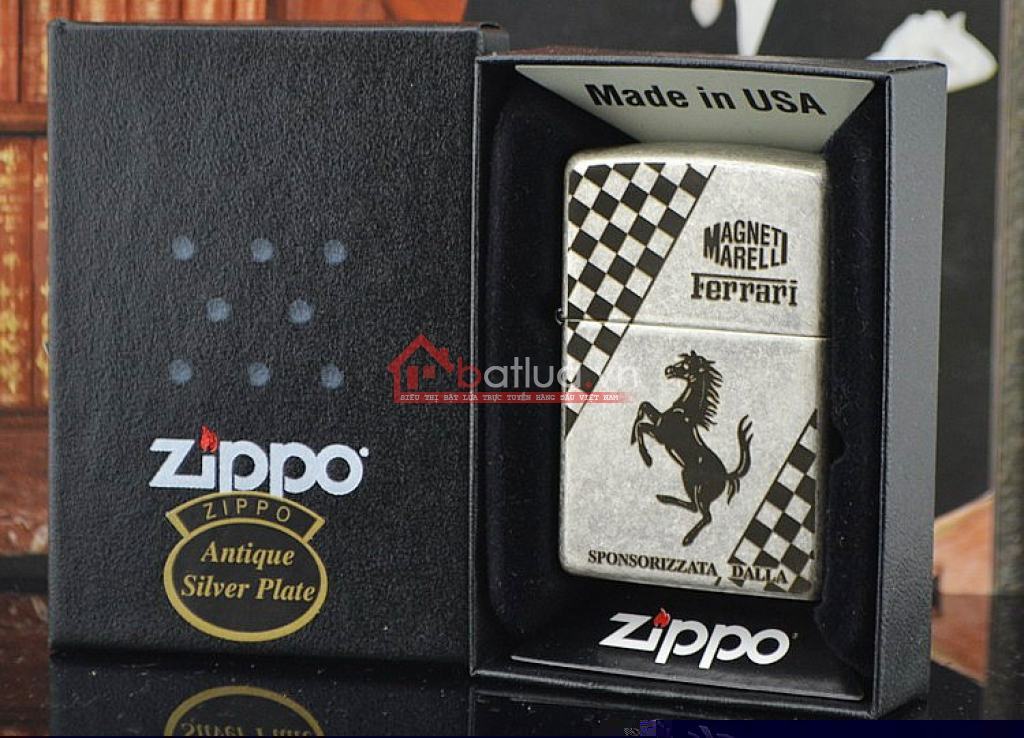 Bật lửa Zippo chĩnh hãng bạc cổ khắc Ferrari