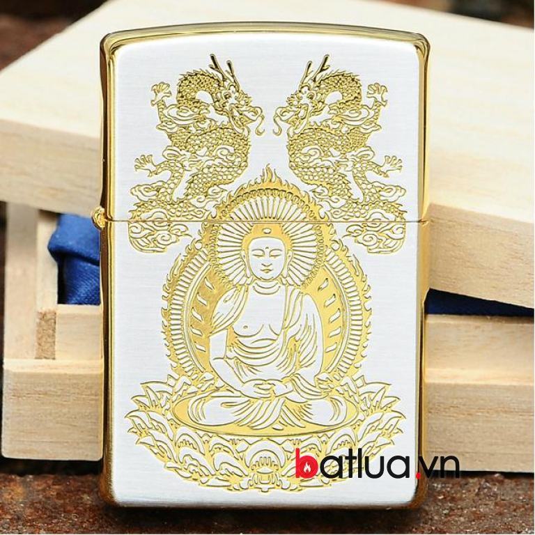 Bật lửa zippo chính hãng mạ vàng đức phật Thích Ca Mâu Ni rồng