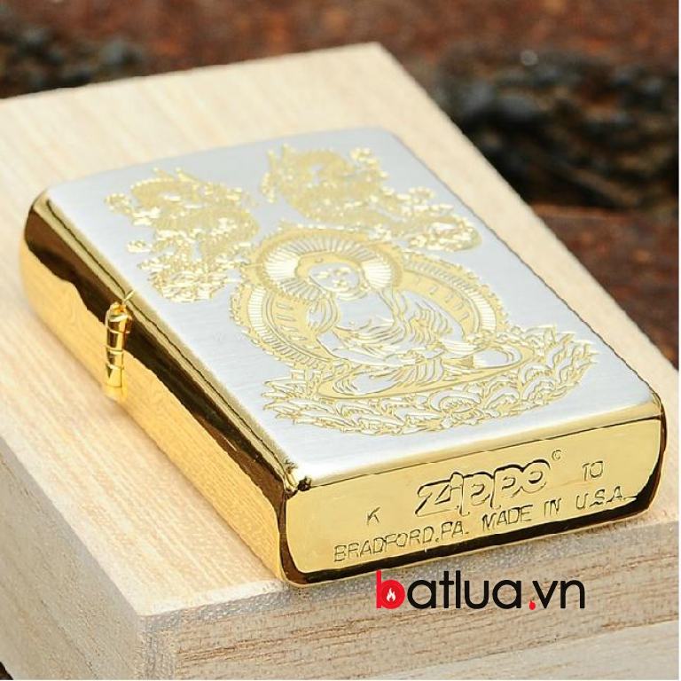 Bật lửa zippo chính hãng mạ vàng đức phật Thích Ca Mâu Ni rồng