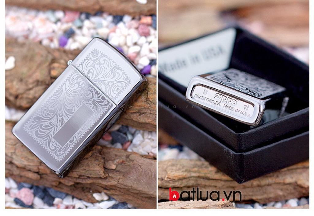 Bật lửa Zippo chính hãng bản hẹp hoa văn bạc