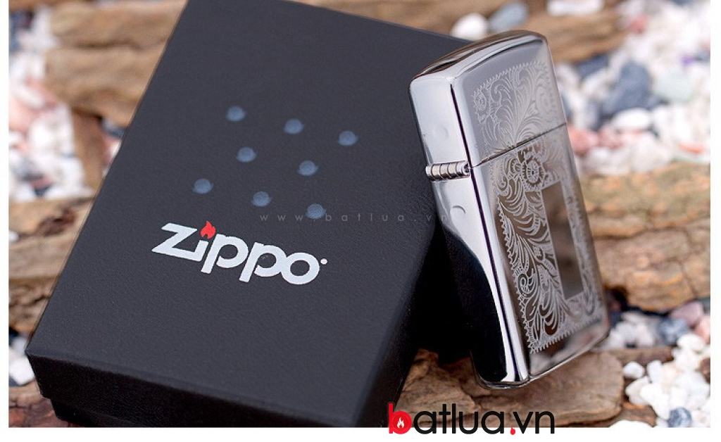 Bật lửa Zippo chính hãng bản hẹp hoa văn bạc