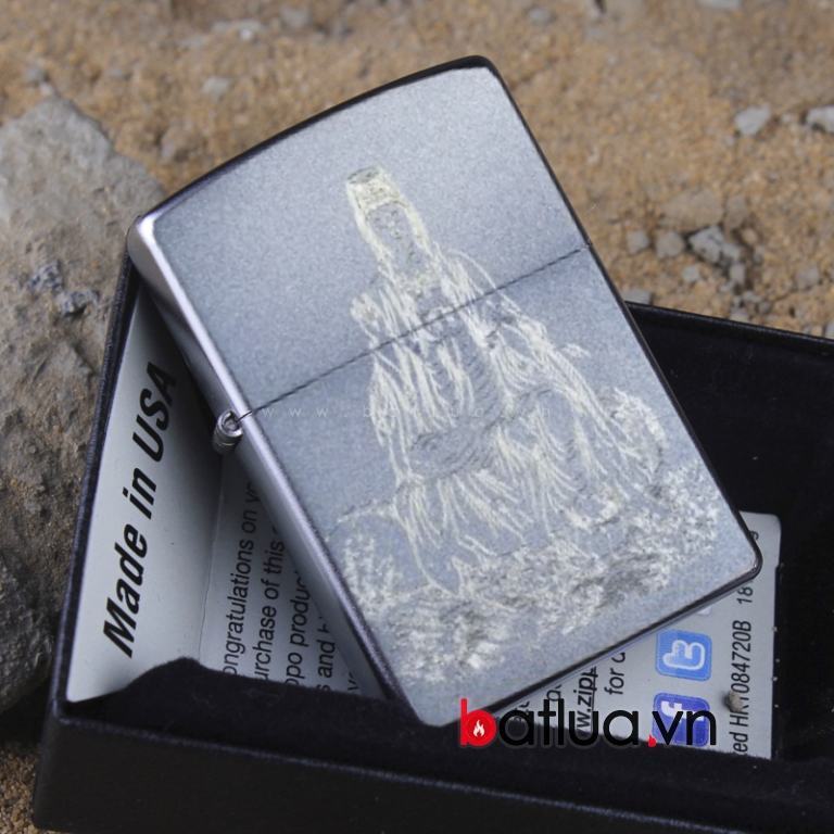 Bật lửa zippo chính hãng bạc khắc hình Quan Thế Âm