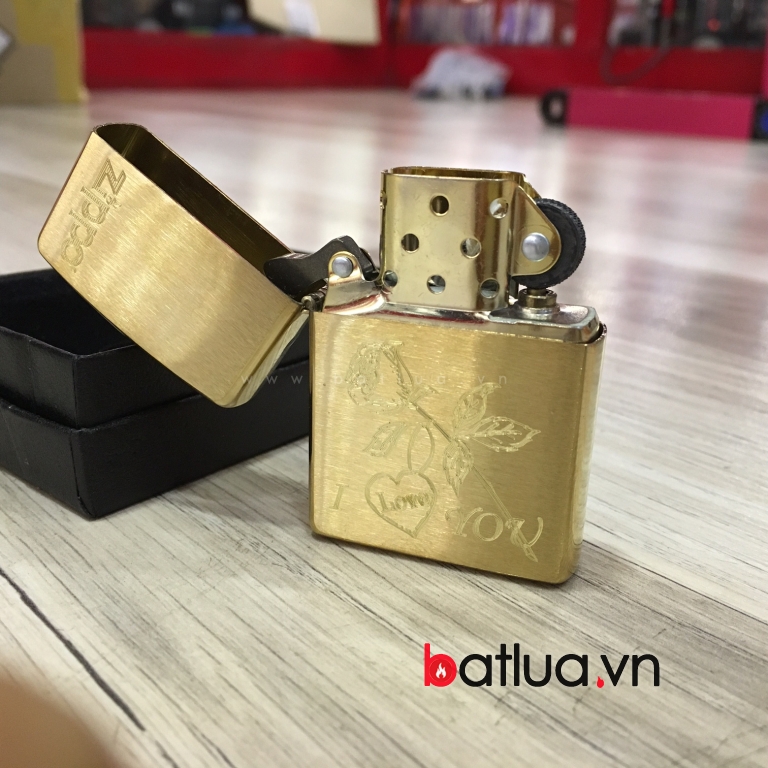 Bật lửa Zippo chính hãng đồng khắc bông hồng i love you