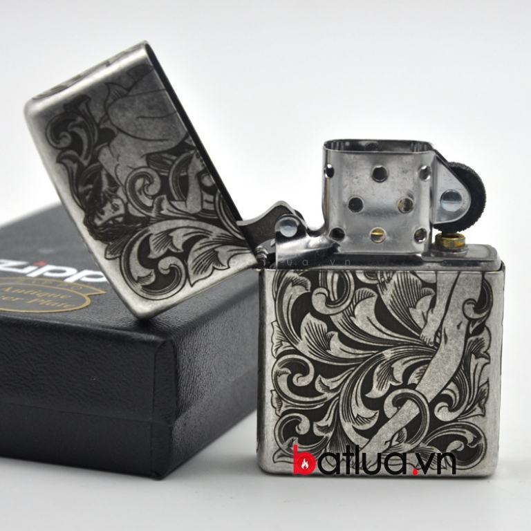 Bật lửa Zippo chính hãng bạc khắc họa văn cô gái