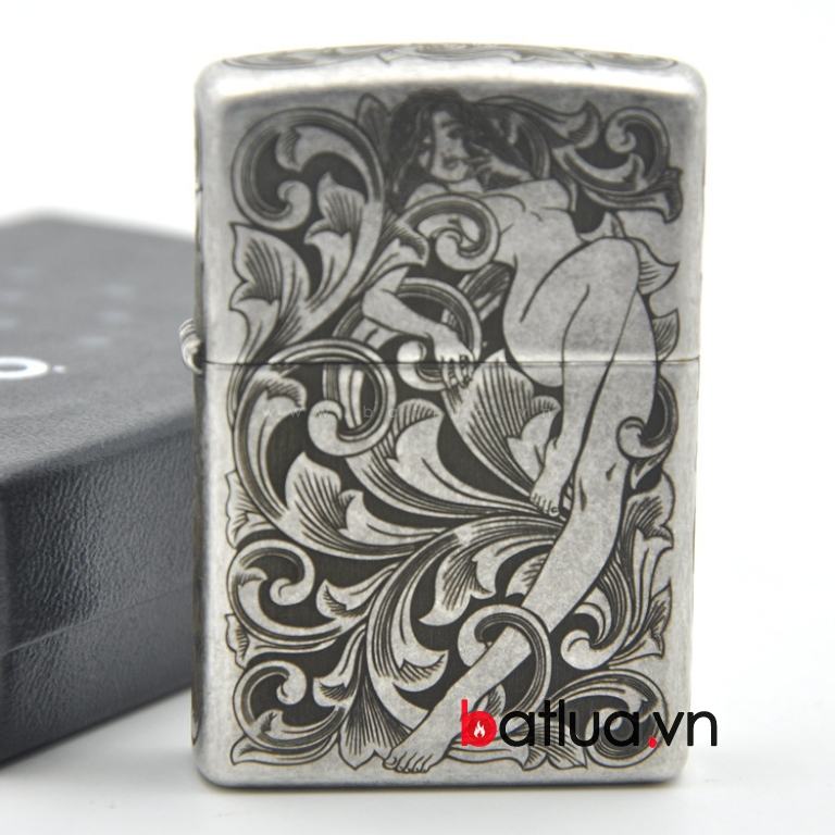 Bật lửa Zippo chính hãng bạc khắc họa văn cô gái