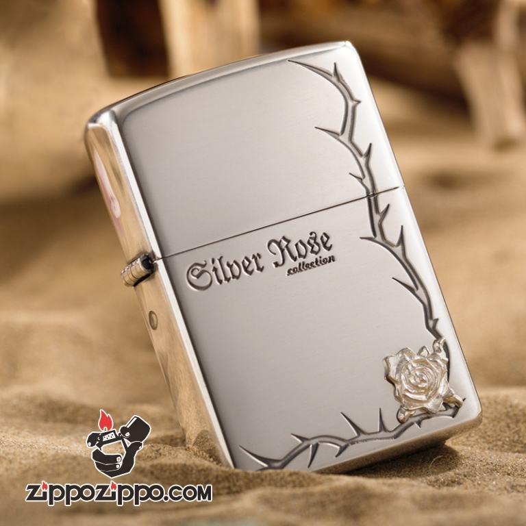 Bật lửa ZIppo Bạch kim khắc bông hồng