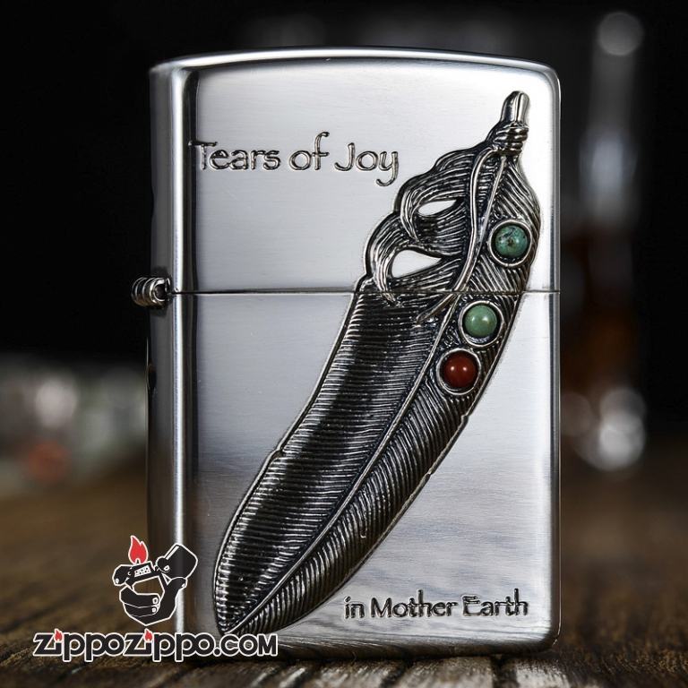 Bật lửa Zippo khắc nổi Idian lông vũ đính đá