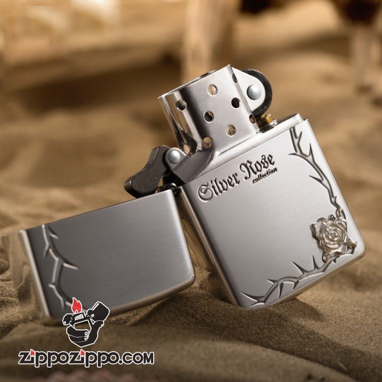 Bật lửa ZIppo Bạch kim khắc bông hồng