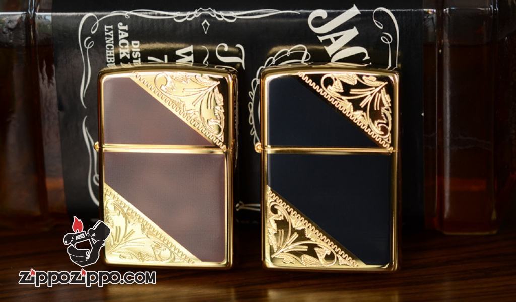 Bật lửa ZIppo Đồng khắc hoa văn hai góc