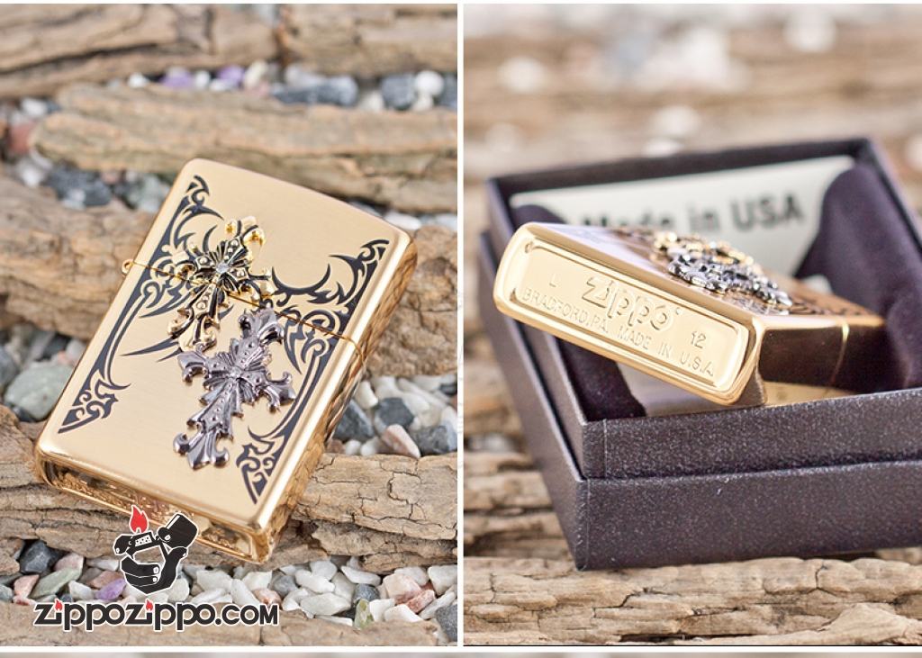 Bật lửa Zippo đồng khắc nổi hình thánh giá