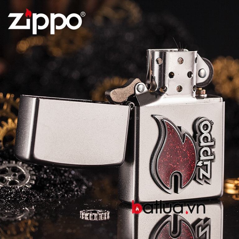 Bật lửa Zippo cát satin in nổi ngọn lửa và chữ Zippo