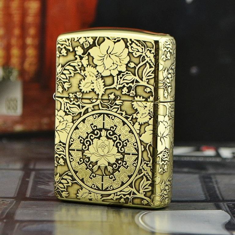 Bật lửa Zippo phiên bản đồng chạm khắc vòm hoa Mẫu Đơn vỏ dày