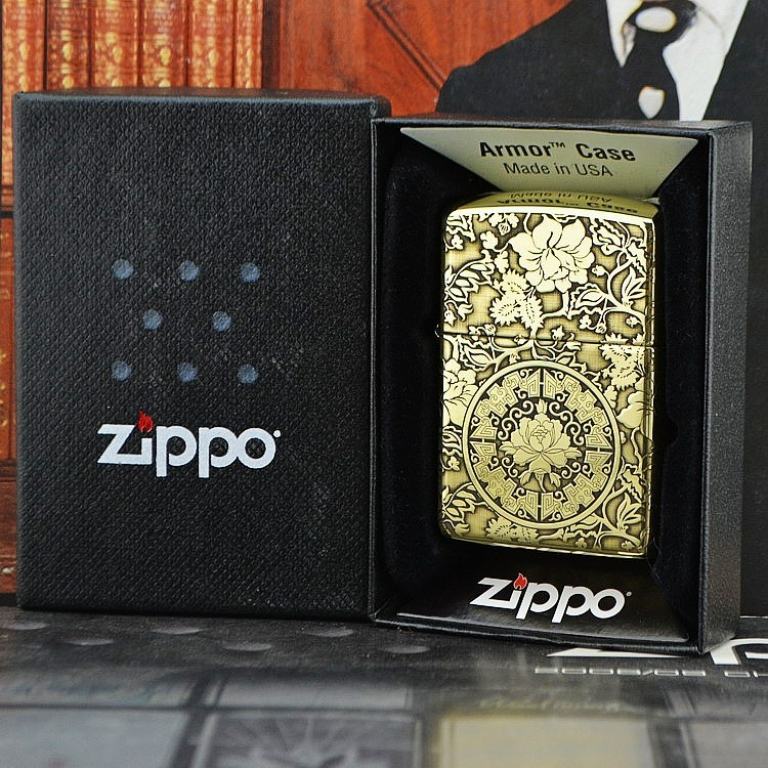 Bật lửa Zippo phiên bản đồng chạm khắc vòm hoa Mẫu Đơn vỏ dày