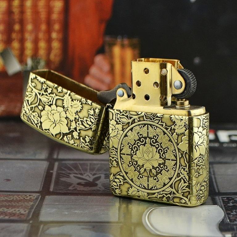 Bật lửa Zippo phiên bản đồng chạm khắc vòm hoa Mẫu Đơn vỏ dày