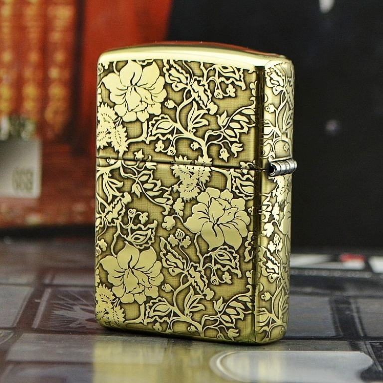 Bật lửa Zippo phiên bản đồng chạm khắc vòm hoa Mẫu Đơn vỏ dày