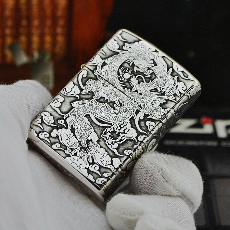 Bật lửa Zippo phiên bản Bạc nguyên khối khắc Rồng nhả ngọc