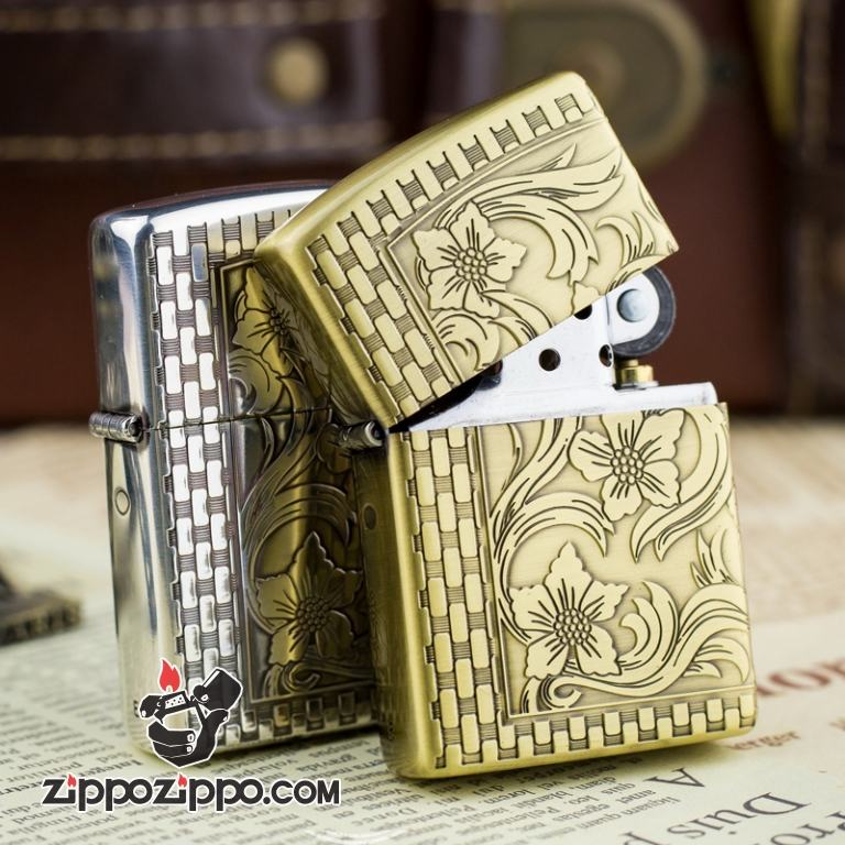 Bật lửa Zippo bạc khắc hoa ban dầu hai mặt