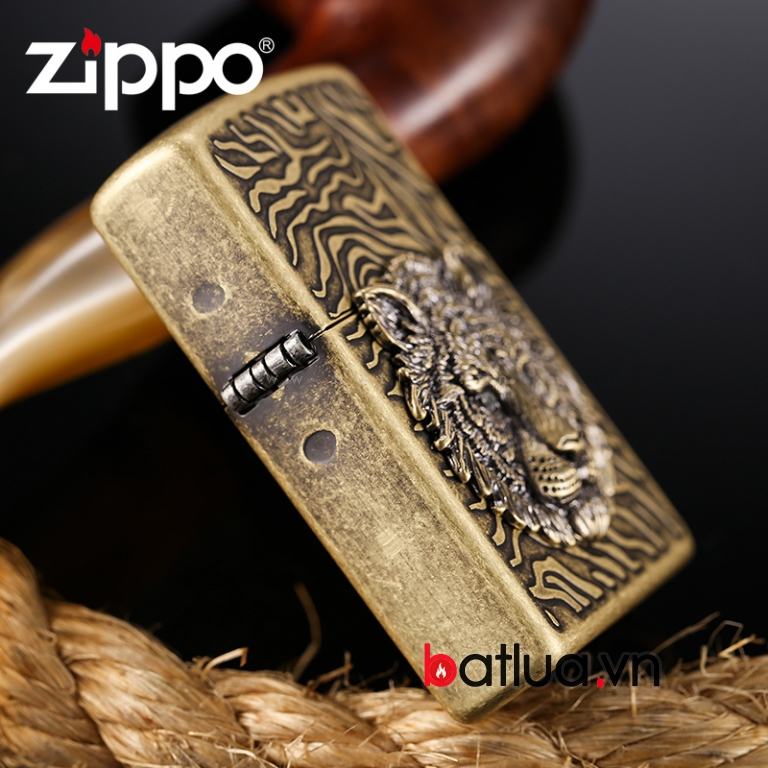 Bật lửa Zippo đồng cổ khắc nổi hình đầu hổ