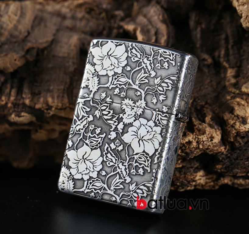 Bật lửa Zippo chính hãng Bạc nguyên khối khắc họa tiết