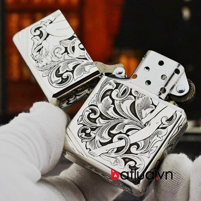 Bật lửa Zippo chính hãng bạc nguyên khối hình thiếu nữ