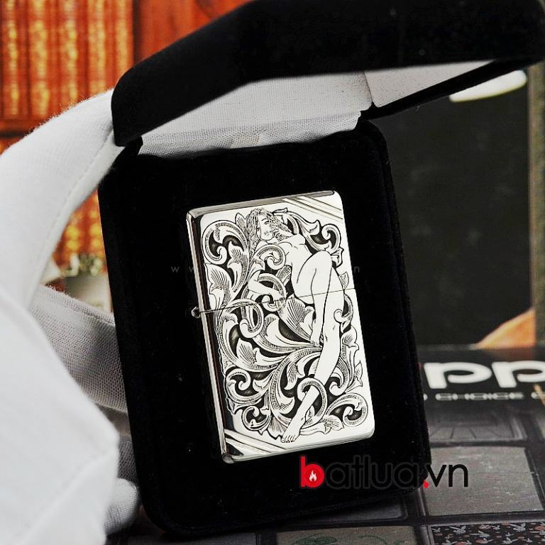 Bật lửa Zippo chính hãng bạc nguyên khối hình thiếu nữ