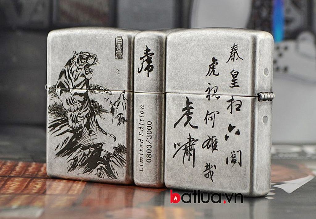 Bật lửa Zippo cổ bạc khắc hổ 3000