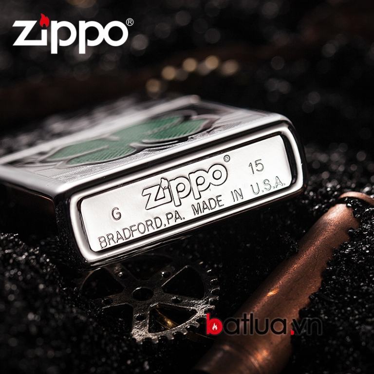 Zippo chính hãng mầu bạc khắc cỏ 4 lá cao cấp 24699