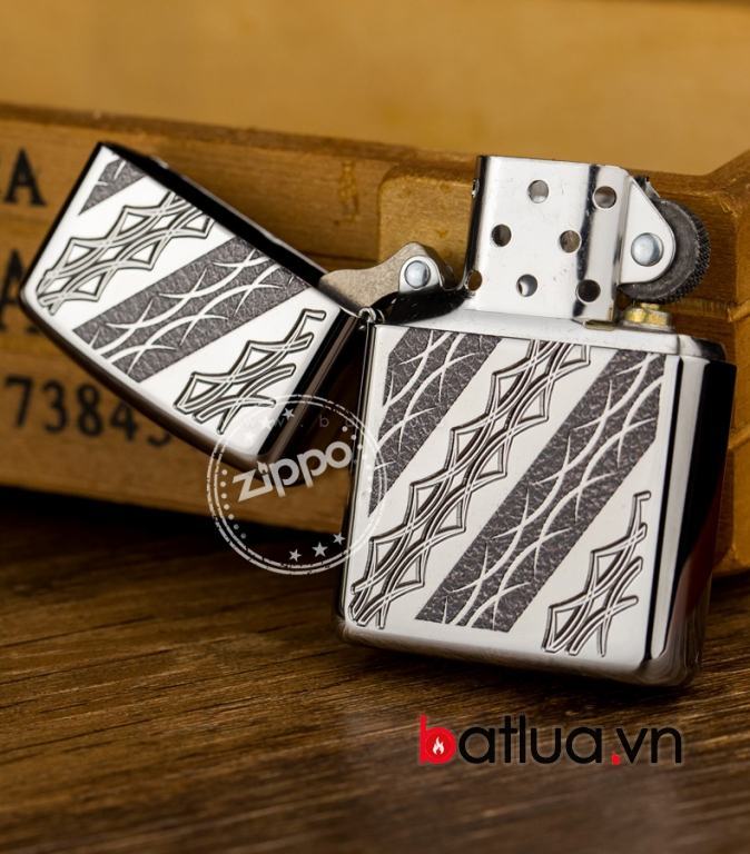 Zippo chính hãng kẻ chéo sang trọng bản armor mầu bạc