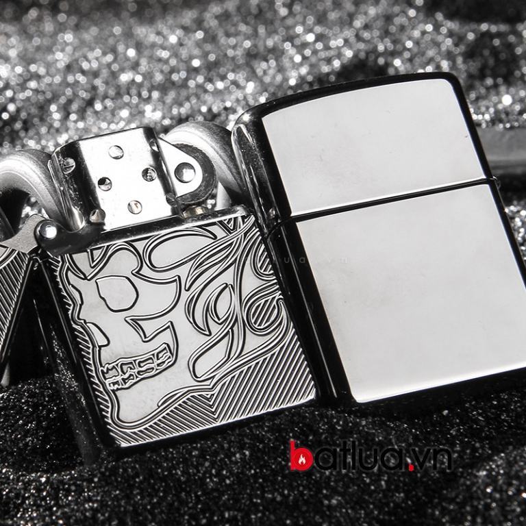 Zippo chính hãng mầu bạc khắc đầu lâu bản armor 29230 skull