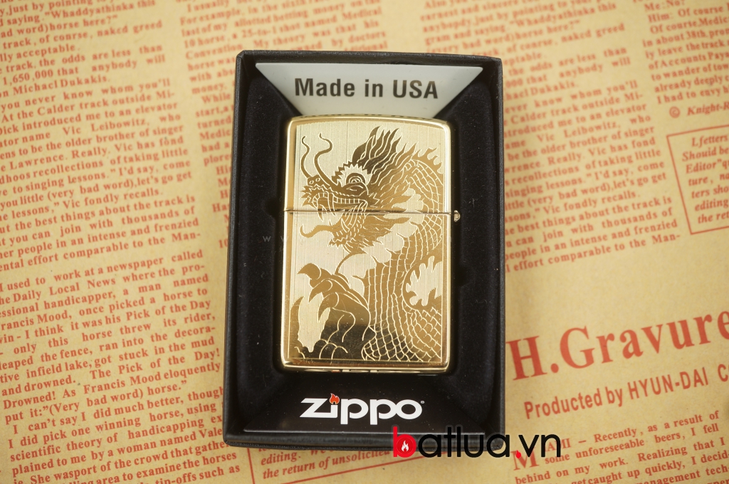 Zippo chính hãng vàng bóng khắc 2 mặt hình rồng tinh tế