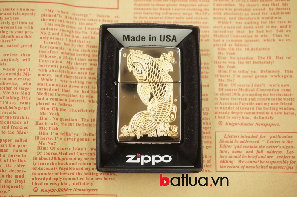 Zippo chính hãng đen bóng khắc vàng 1 mặt cá chép