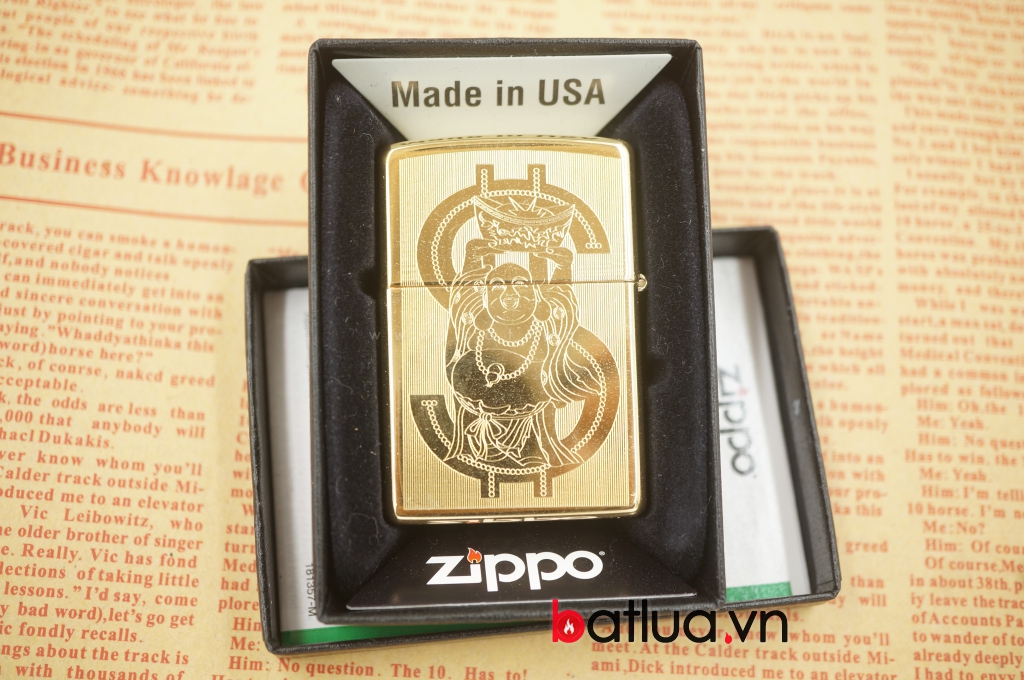 zippo chíh hãng mầu vàng khắc 2 mặt hình đồng tiền