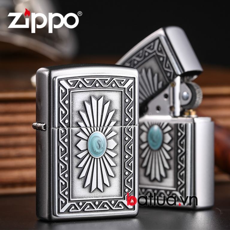 Bật lửa zippo chính hãng nam ngọc mầu xanh hoa văn tinh tế