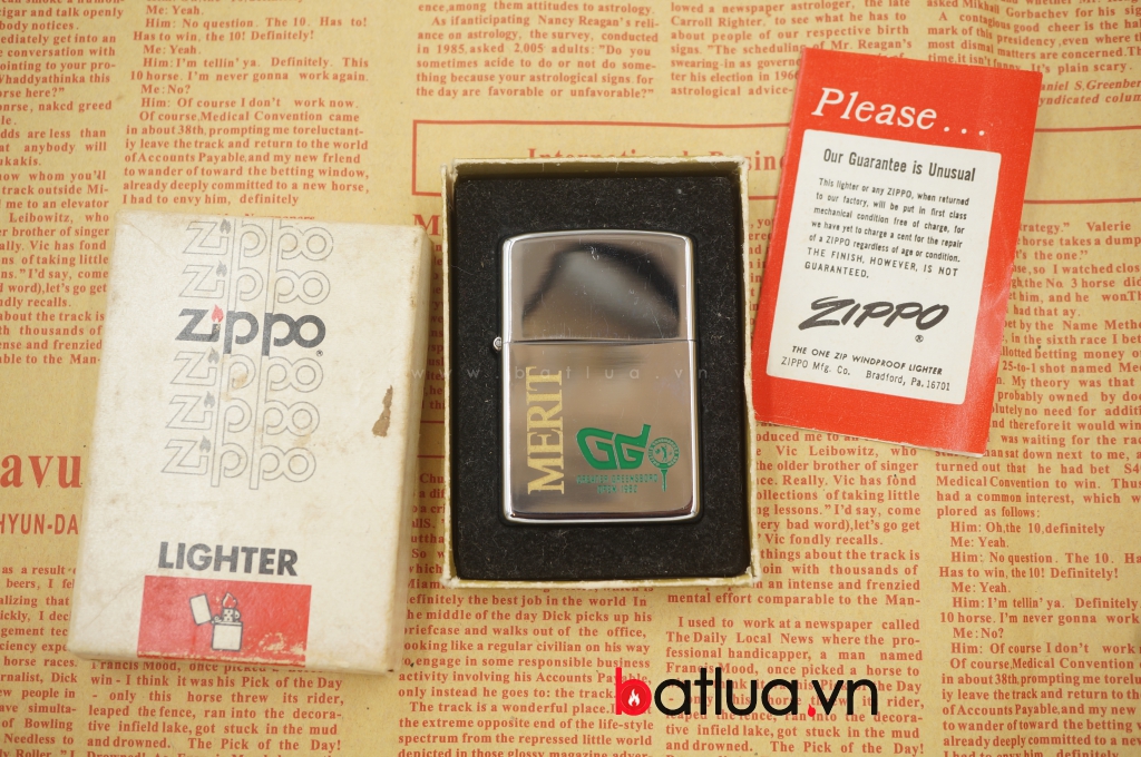 Bật lửa Zippo USA Cổ MERIT Trắng Bóng Sản Xuất Năm 1981