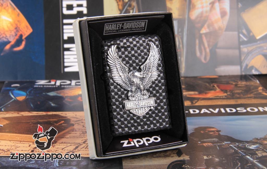 Zippo Chính Hãng Màu Đen Caro Huy Hiệu Chim Ưng Harley Davidson