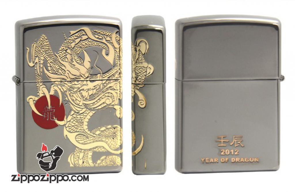ZIppo Chính Hãng Màu Xám Khắc Rồng Vàng Chữ Long
