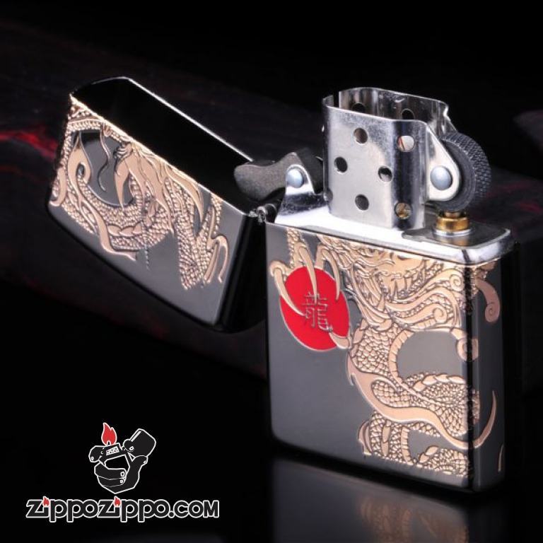 ZIppo Chính Hãng Màu Xám Khắc Rồng Vàng Chữ Long