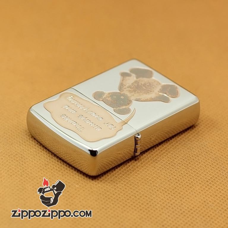 Zippo Chính Hãng Bạc Hình Gấu Hồng Nói Hãy Luôn Cảm Ơn Và Cho Đi Tất Cả