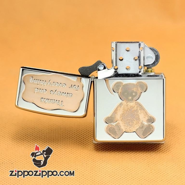 Zippo Chính Hãng Bạc Hình Gấu Hồng Nói Hãy Luôn Cảm Ơn Và Cho Đi Tất Cả