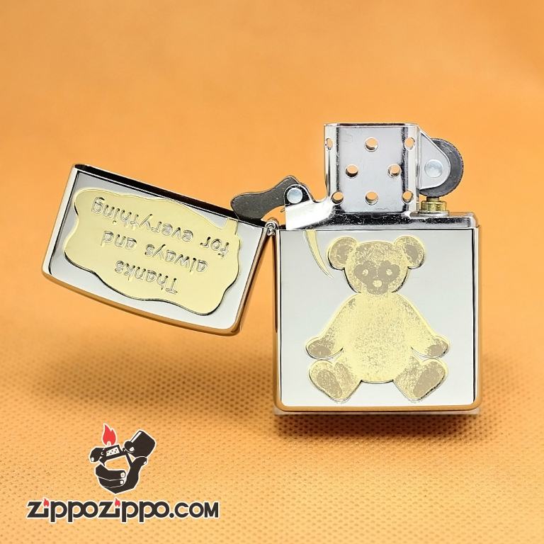 Zippo Chính Hãng Màu Bạc Hình Gấu Vàng Nói Luôn Cảm Ơn Và Cho Đi Mọi Thứ