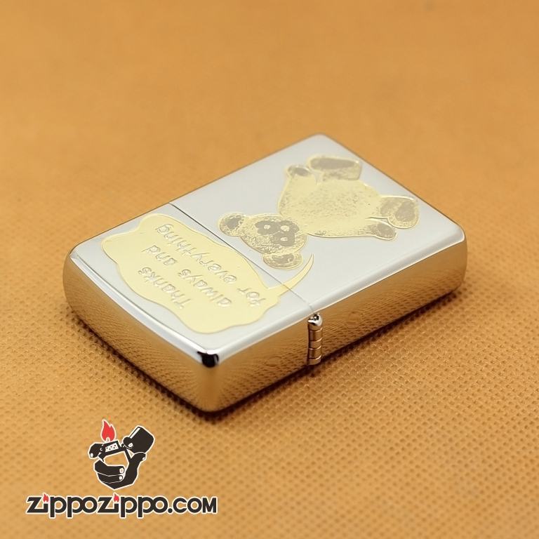 Zippo Chính Hãng Màu Bạc Hình Gấu Vàng Nói Luôn Cảm Ơn Và Cho Đi Mọi Thứ