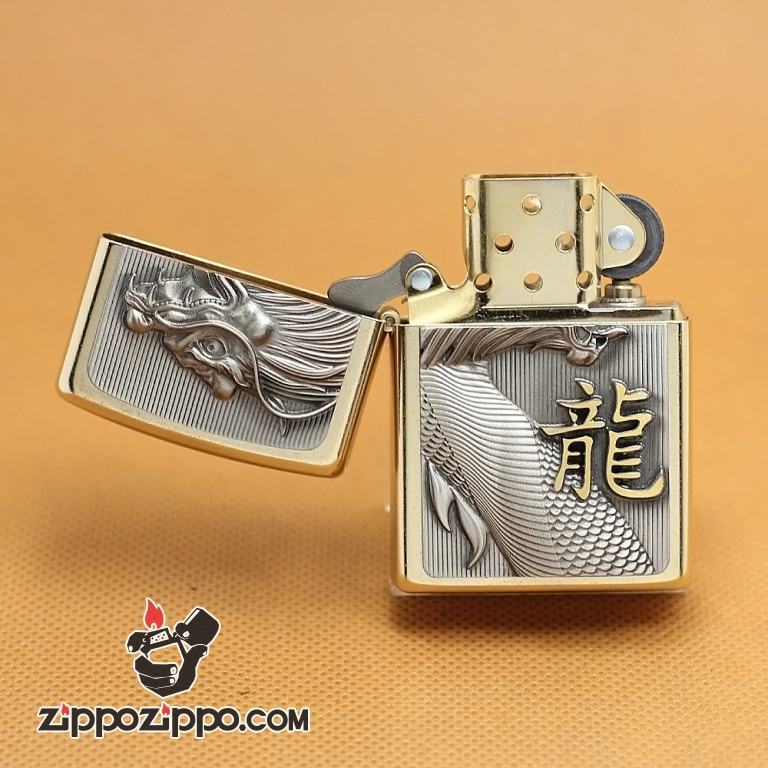 Zippo Chính Hãng màu Vàng Mặt Trước Đúc Hình Rồng Gào Thét