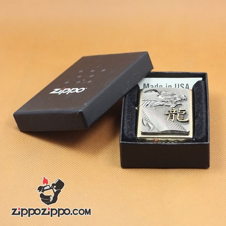 Zippo Chính Hãng màu Vàng Mặt Trước Đúc Hình Rồng Gào Thét